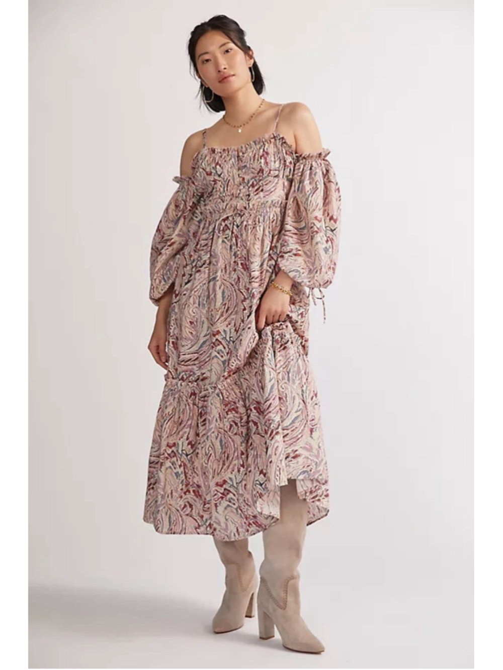 Women's House of Harlow Midi Dress Size S Pink Beige Paisley Off-Shoulder